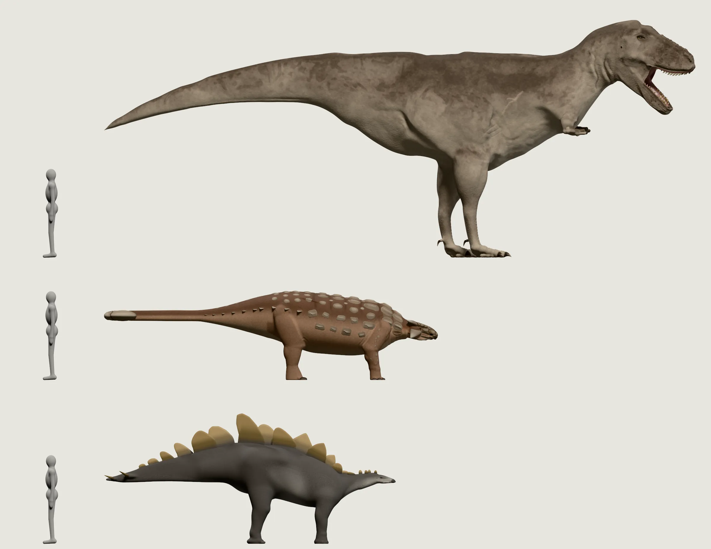 Tres dinosaurios de lado, todos mirando hacia el mismo lado: un T. rex sobre dos patas, mucho más largo y más alto, el Ankylosaurus, bajo y acorazado, y un Stegosaurus con placas altas a lo largo del lomo, junto a la persona gris.