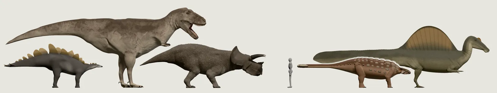 The grey person among the five smaller dinosaurs, closer up: two meat-eaters on two legs, three with horns, armour and plates on four.