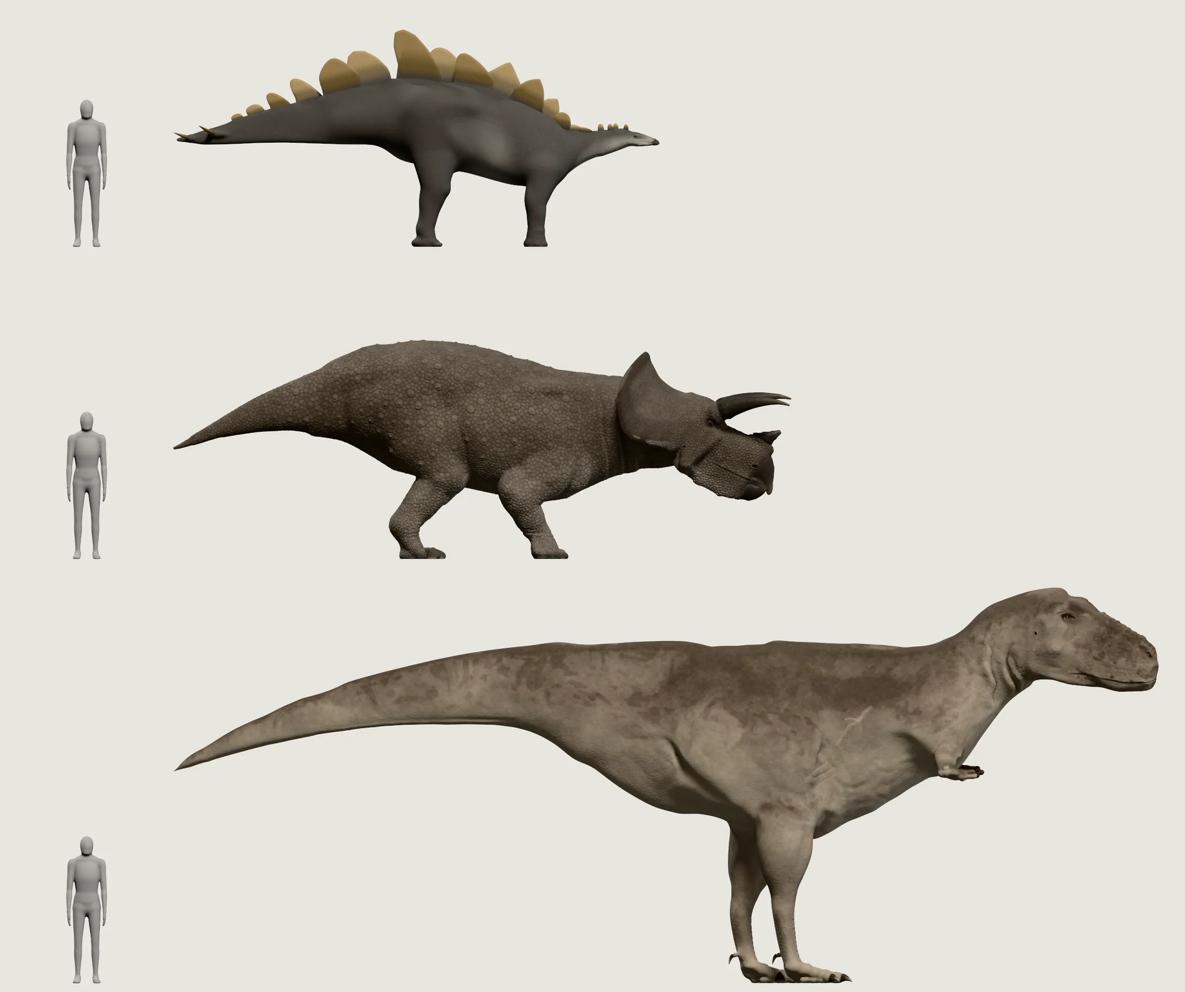 Tres dinosaurios en tres filas, todos de lado y mirando hacia el mismo lado, cada uno junto a la persona gris: un Stegosaurus con placas y púas en la cola, un Triceratops con cuernos y gola, y un T. rex sobre dos patas, el doble de largo que el Stegosaurus.