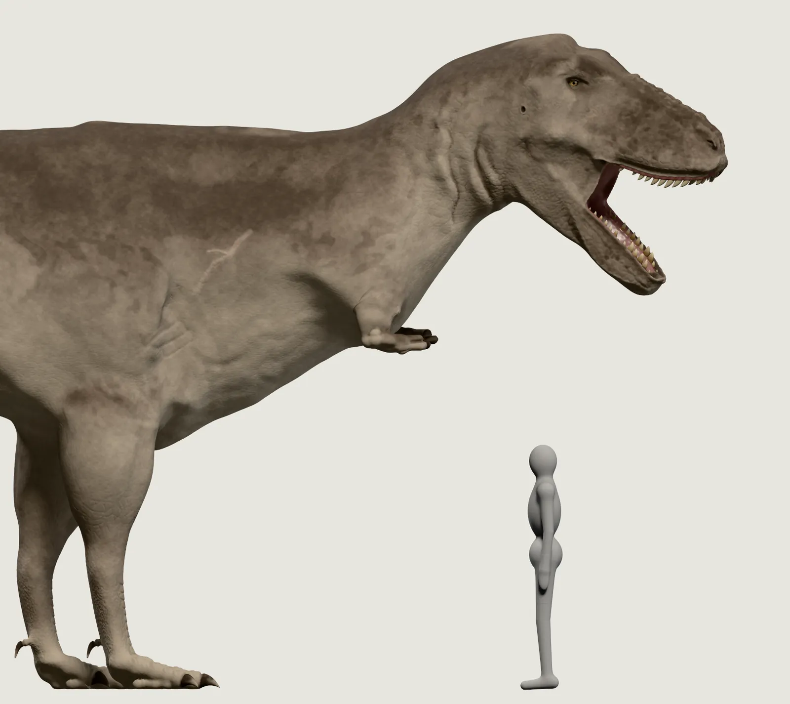 The head and front of the T. rex, closer up, mouth open, the upper teeth under a band of lip, beside the grey person.