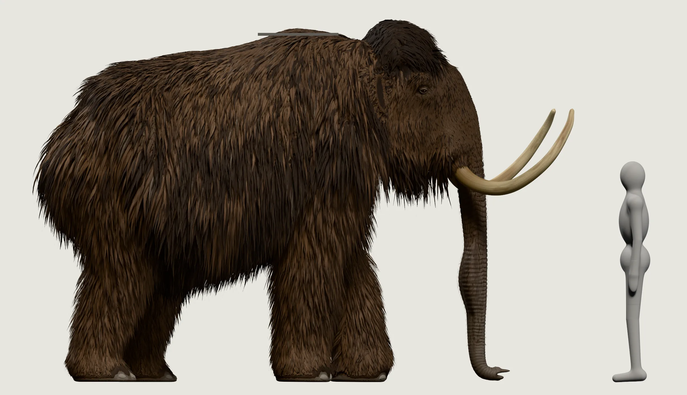 A woolly mammoth from the side in a dark brown coat: high domed head, sloping back, two curved tusks, a mark at the shoulder. The grey person beside him stands lower than the tusk tips.