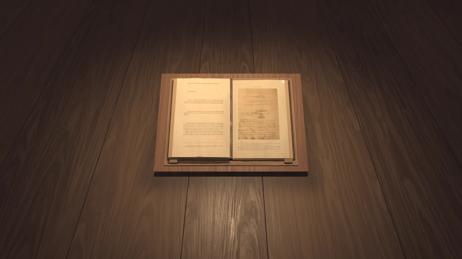 Ein aufgeschlagenes Buch auf einem Holztisch in warmem Licht. Die linke Seite ist gedruckter Text, die rechte zeigt eine Notizbuchseite mit einer Zeichnung. Ein Standbild aus dem Film des Museums. Die Seiten stammen aus einer gedruckten Ausgabe von 1883.