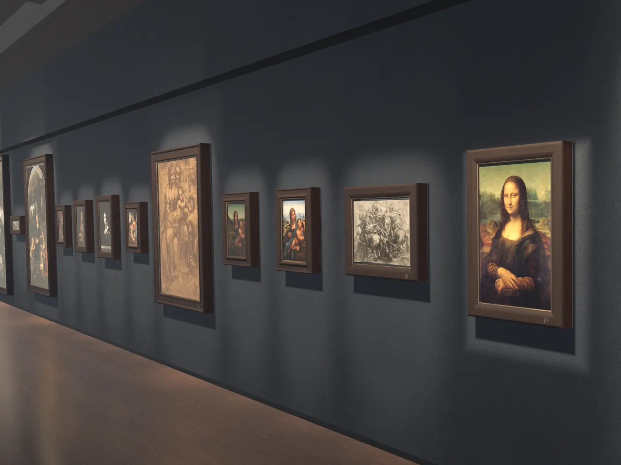 A long dark blue wall hung with framed reproductions under spotlights. The Mona Lisa hangs among them, close to her real size, and more frames run on to her left. A still from the wing's film.