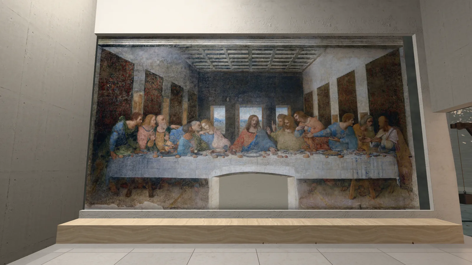 Eine Reproduktion des Abendmahls füllt eine helle Wand in einem Hof: eine Reihe von Figuren an einem langen Tisch in einem gemalten Raum. Ein Standbild aus dem Film des Museums.