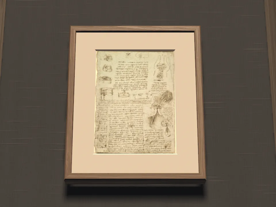Eine Zeichnung in hellem Passepartout und schmalem Holzrahmen hängt allein an einer dunklen Wand: eine Seite mit kleinen Skizzen des Herzens und Zeilen in Spiegelschrift. Ein Standbild aus dem Film des Museums.