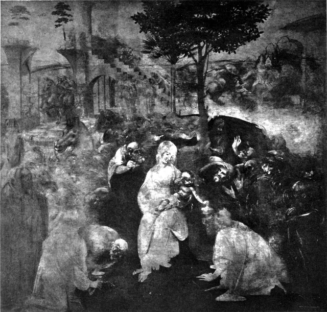 Anbetung der Könige aus dem Morgenland: ein einfarbiger Druck von 1901 in Grautönen. Maria und das Kind in der Mitte einer Menge knieender und stehender Figuren, dahinter Ruinen, eine Treppe und Pferde. Eine Reproduktion.
