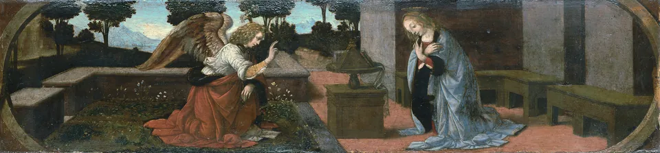 Die Verkündigung, Predella: eine lange, niedrige Tafel, links kniet der Engel auf dem Rasen, rechts sitzt Maria an einer Mauer, dahinter Bäume. Eine Reproduktion.