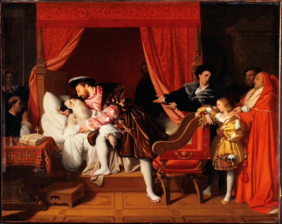 A dying old man with a long white beard lies in a bed, held up by a young king in rich dress, with courtiers around them in a dark room. A reproduction of the painting of 1818 by Ingres.