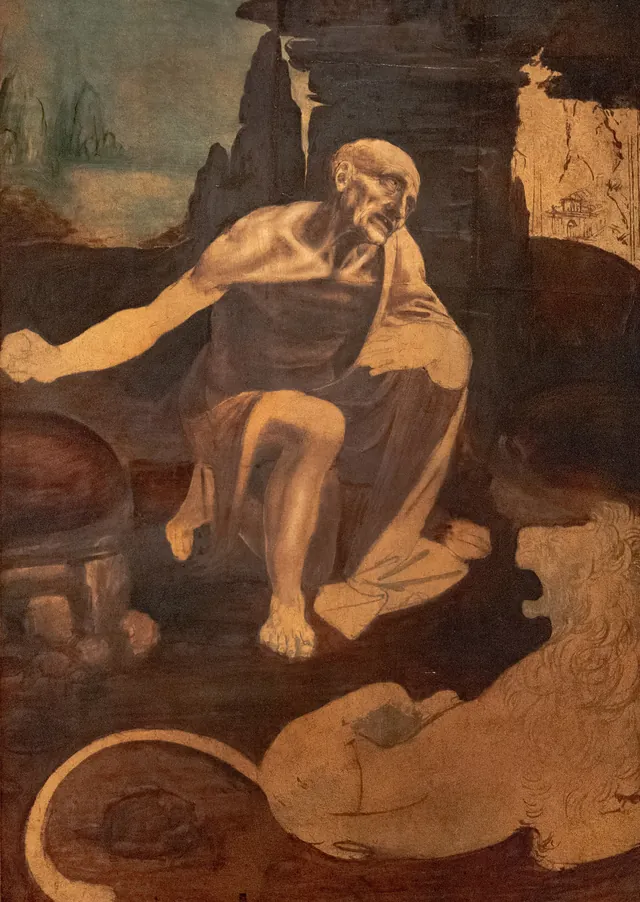 Der heilige Hieronymus: Ein hagerer Mann kniet zwischen Felsen, den Arm mit einem Stein ausgestreckt, am unteren Rand liegt ein Löwe, das meiste der Tafel braune Untermalung. Eine Reproduktion.