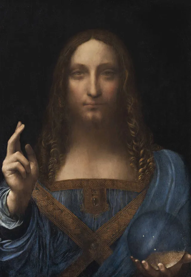Salvator Mundi: Christus blickt uns an, in blauem Gewand, die rechte Hand zum Segen erhoben, in der linken eine Kristallkugel, vor dunklem Grund. Eine Reproduktion.