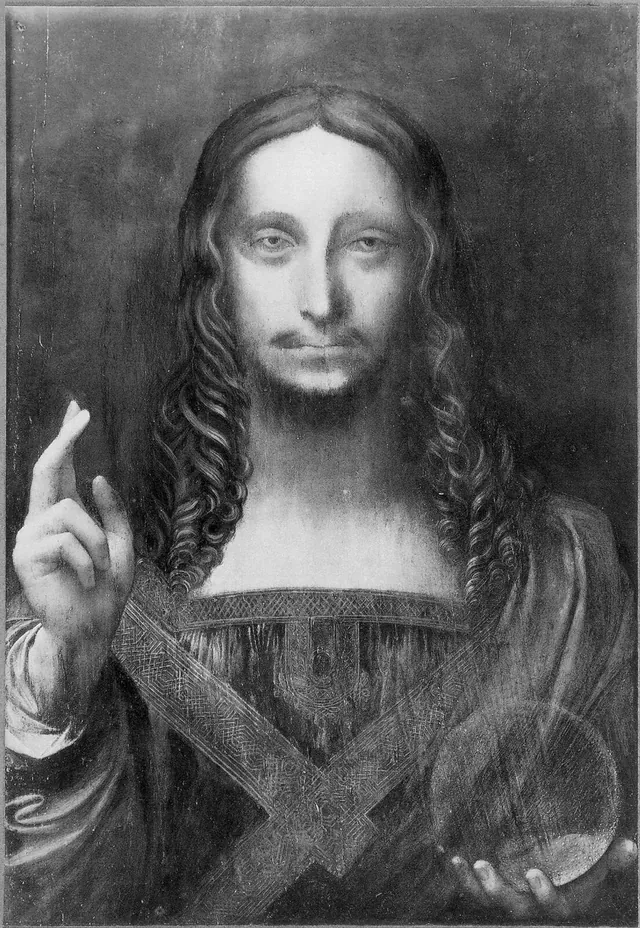 Eine alte Schwarzweißfotografie desselben Bildes: Christus mit langen Locken hebt die rechte Hand und hält die durchsichtige Kugel, doch das Gesicht ist ein anderes, mit schmalem Schnurrbart und kleinem Kinnbart, vor fleckig grauem Grund.