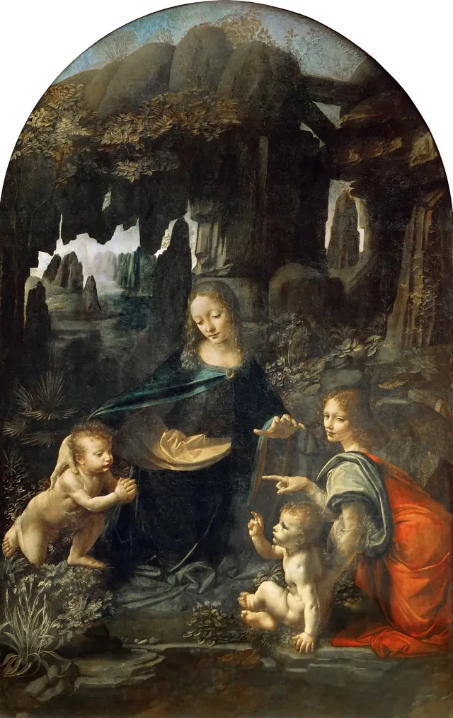 Felsgrottenmadonna, Louvre-Fassung: Maria kniet in einer dunklen Grotte zwischen zwei Kindern, rechts ein Engel, der quer durchs Bild zeigt, dahinter Felsen und Wasser. Eine Reproduktion.