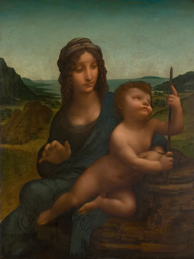 Madonna mit der Spindel, Buccleuch-Fassung: Maria in Rot und Blau sitzt zwischen Felsen, das Kind quer auf ihrem Schoß hält eine kreuzförmige Garnwinde hoch, dahinter Hügel und Wasser. Eine Reproduktion.
