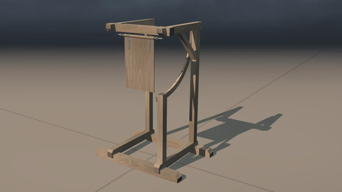 Der Windmesser allein auf einem Fliesenboden: ein Holzgestell auf zwei Füßen, an dessen oberem Balken ein quadratisches Brett hängt, daneben eine gebogene Skala.