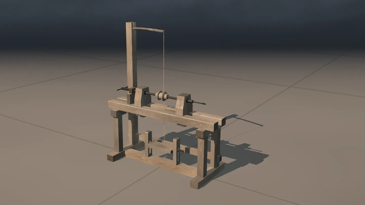 Die Bohrmaschine allein auf einem Fliesenboden: eine niedrige Holzbank mit einer Spindel, darüber ein hoher Pfosten mit einem dünnen gebogenen Stab, von dem eine Schnur zur Spindel läuft.