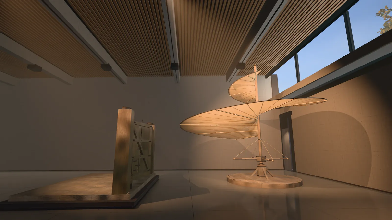 Die Luftschraube steht in einer hohen Halle mit einer Lamellendecke aus Holz: ein Holzmast auf rundem Sockel mit einem spiralförmigen Segel aus Leinen, von tief stehender Nachmittagssonne beleuchtet, ihr Schatten fällt auf die Wand. Links stehen hölzerne Schleusentore auf einem flachen Podest.